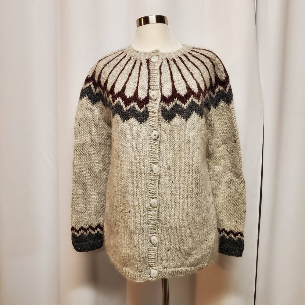 Wool Nordic Yoke Cardigan Sweater - Cream with Brown & Gray